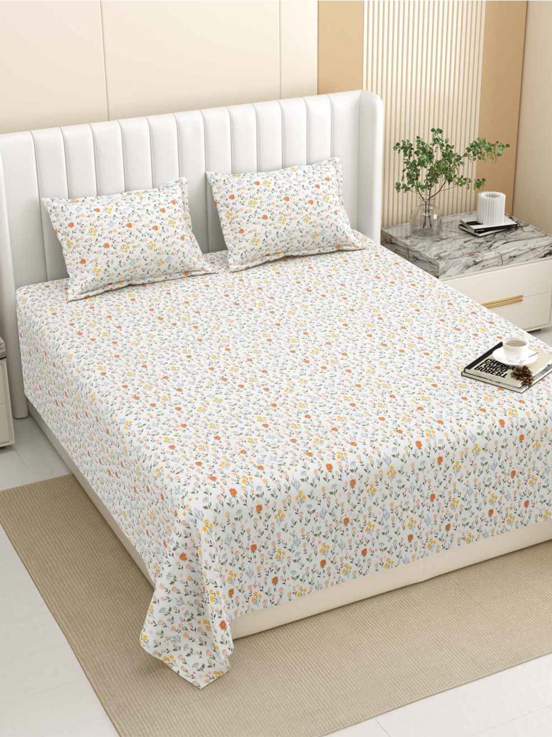 DREAM WEAVERZ Grey Floral Pure Cotton 220 TC King Fine Bedsheet Set-100 x 108 inches