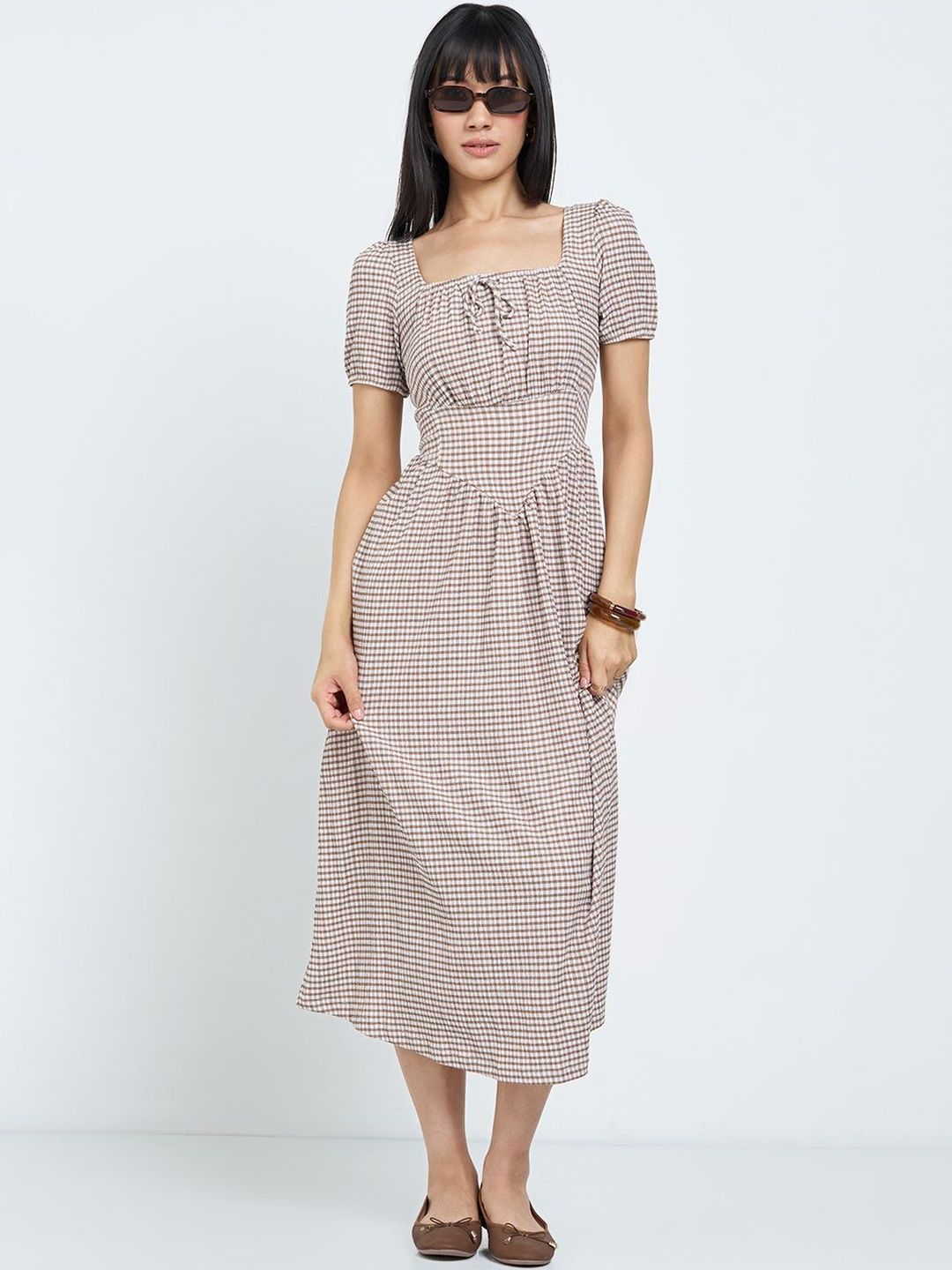 Checked Fit & Flare Midi Puff Sleeve Dress Honey by Pantaloons Checked Puff Sleeve Fit & Flare Midi Dress