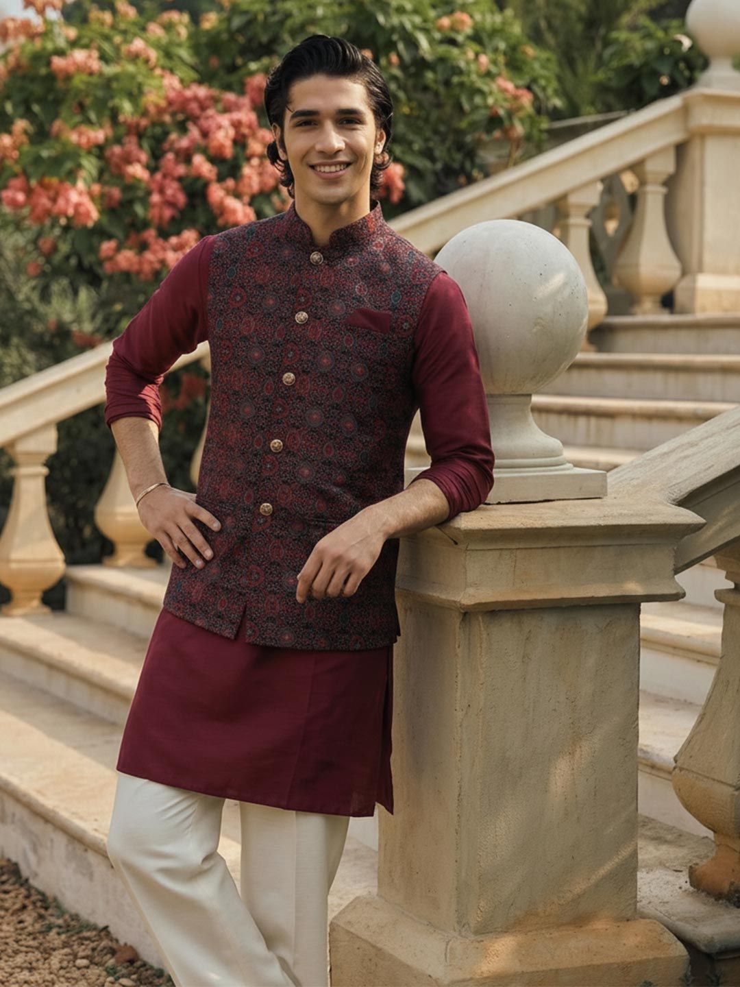 KISAH Men Woven Jacquard Zari  Regular Fit Nehru Jacket