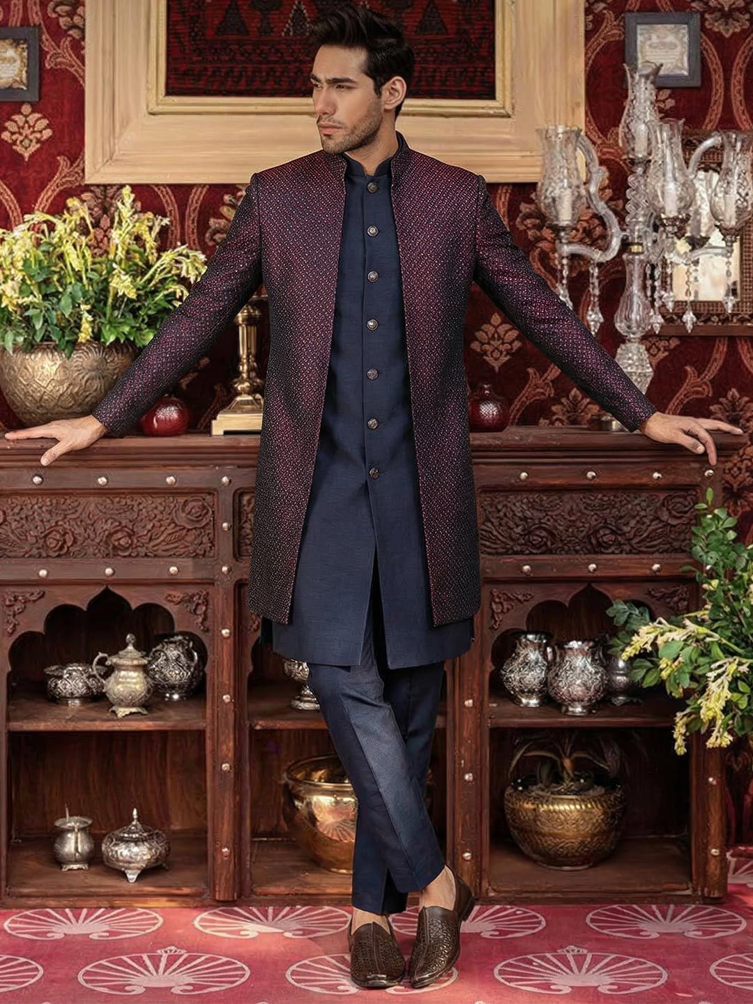 KISAH Men Mandarin Collar Silk Indowestern Sherwani with Trouser Set