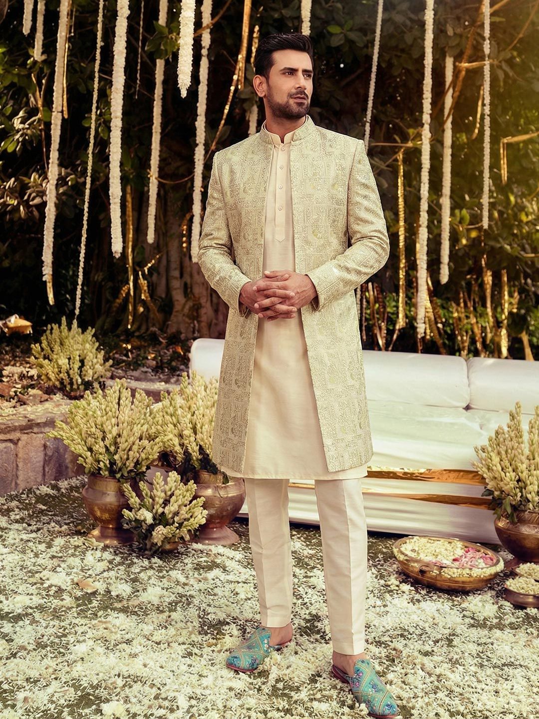 KISAH Men Self-Design Cotton Indowestern Sherwani Trouser Set