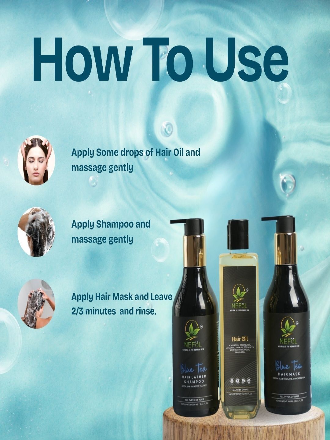 Buy NEFOL Set Of 3 Blue Tea Hair Oil- 200 ml- Shampoo- 300 ml