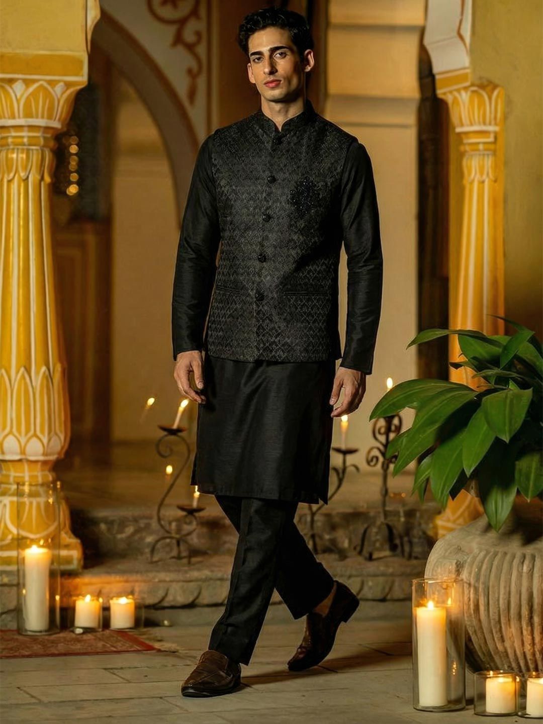 KISAH Men Embossed Regular Fit Jacquard Nehru Jacket