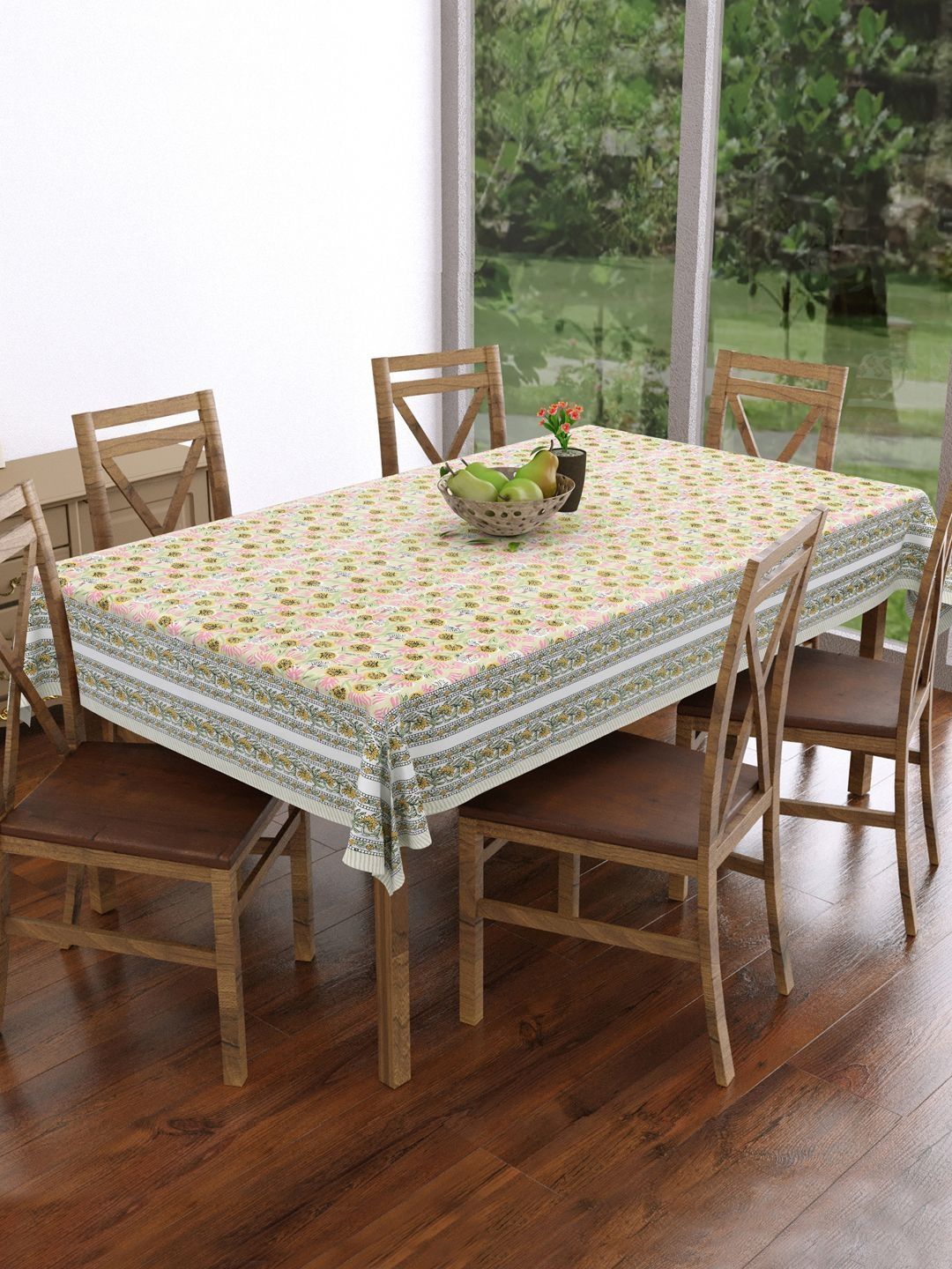 BLOCKS OF INDIA Green Floral Cotton 6-Seater Table Cover