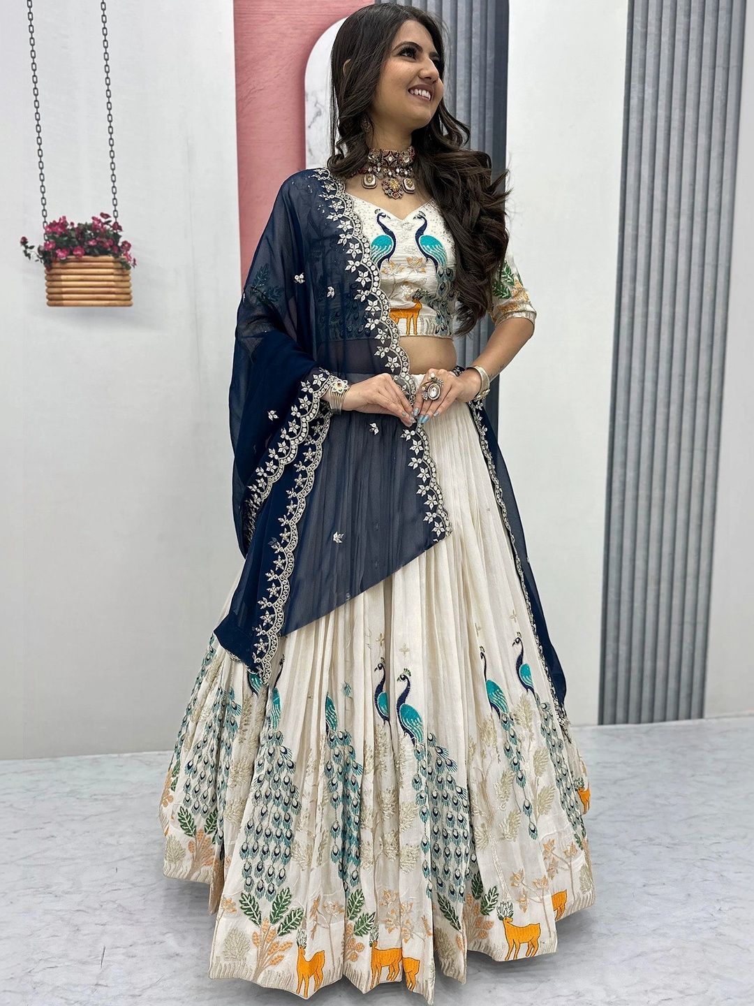 SIDDESHWARY FAB Embroidered Thread Work Semi-Stitched Lehenga & Blouse With Dupatta
