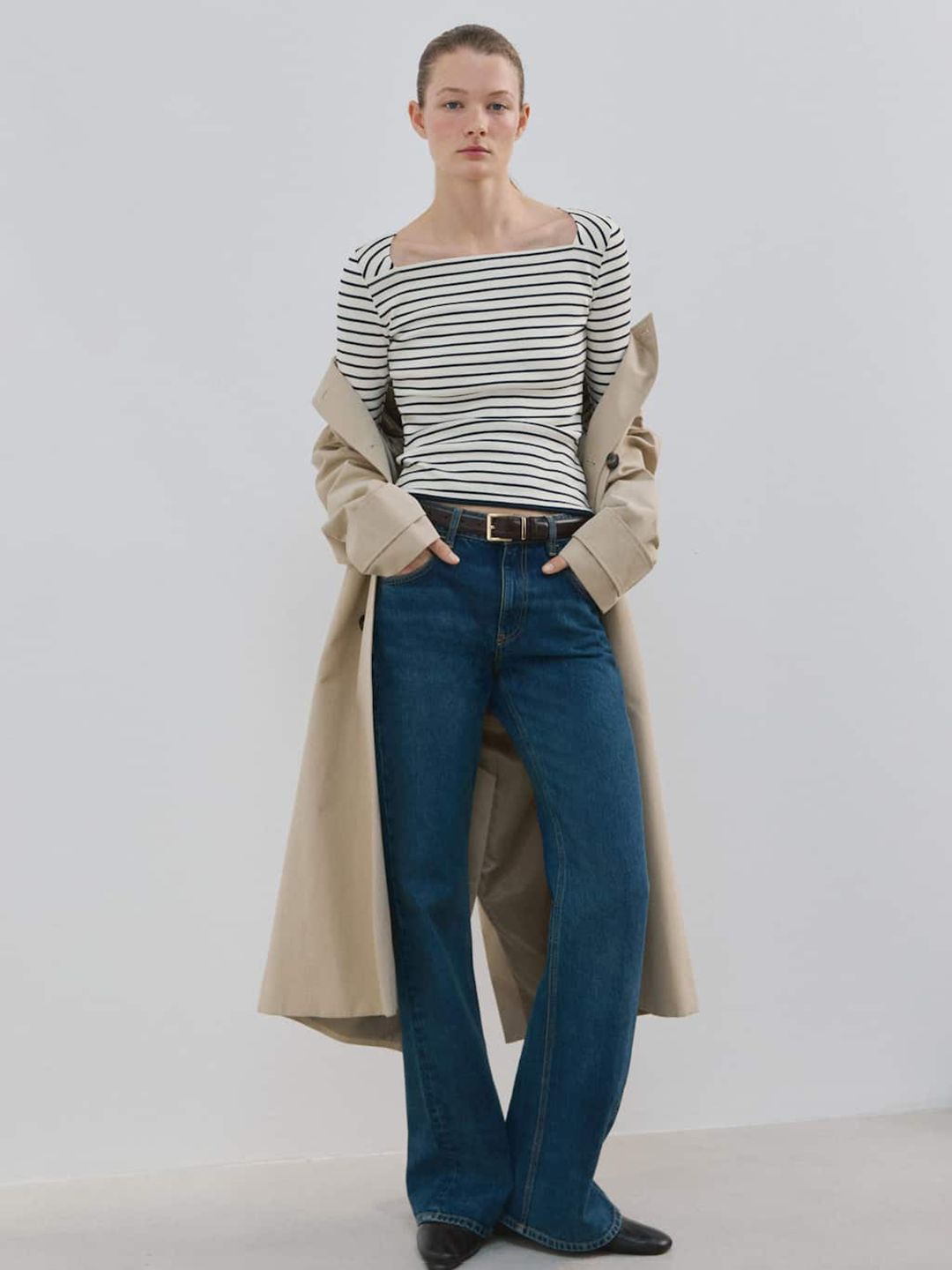 Striped Boat Neck Pure Cotton T-shirt