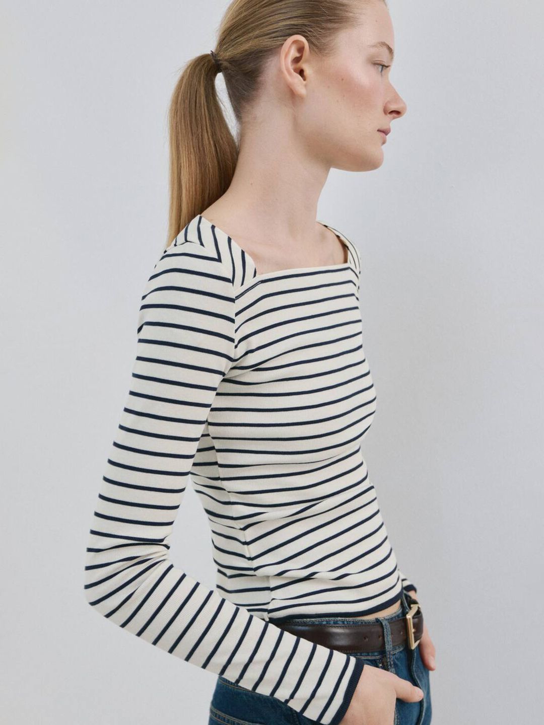 Striped Boat Neck Pure Cotton T-shirt