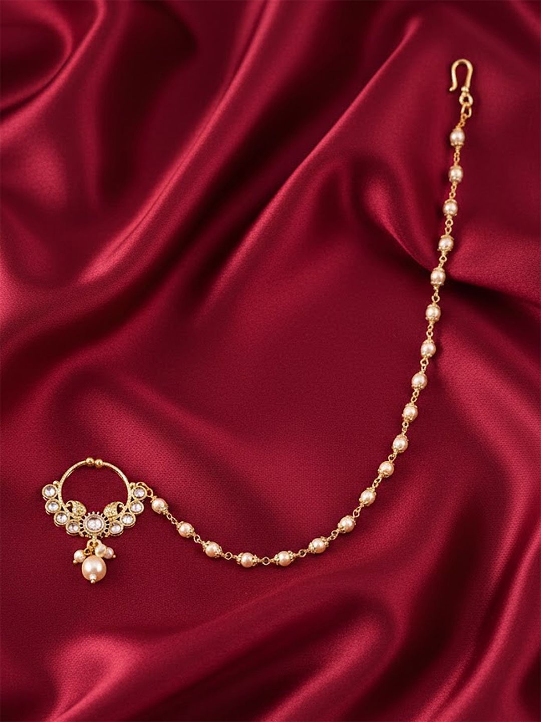 Adwitiya Collection Gold-Plated Kundan Studded Traditional Curry Design Chained Nose Ring