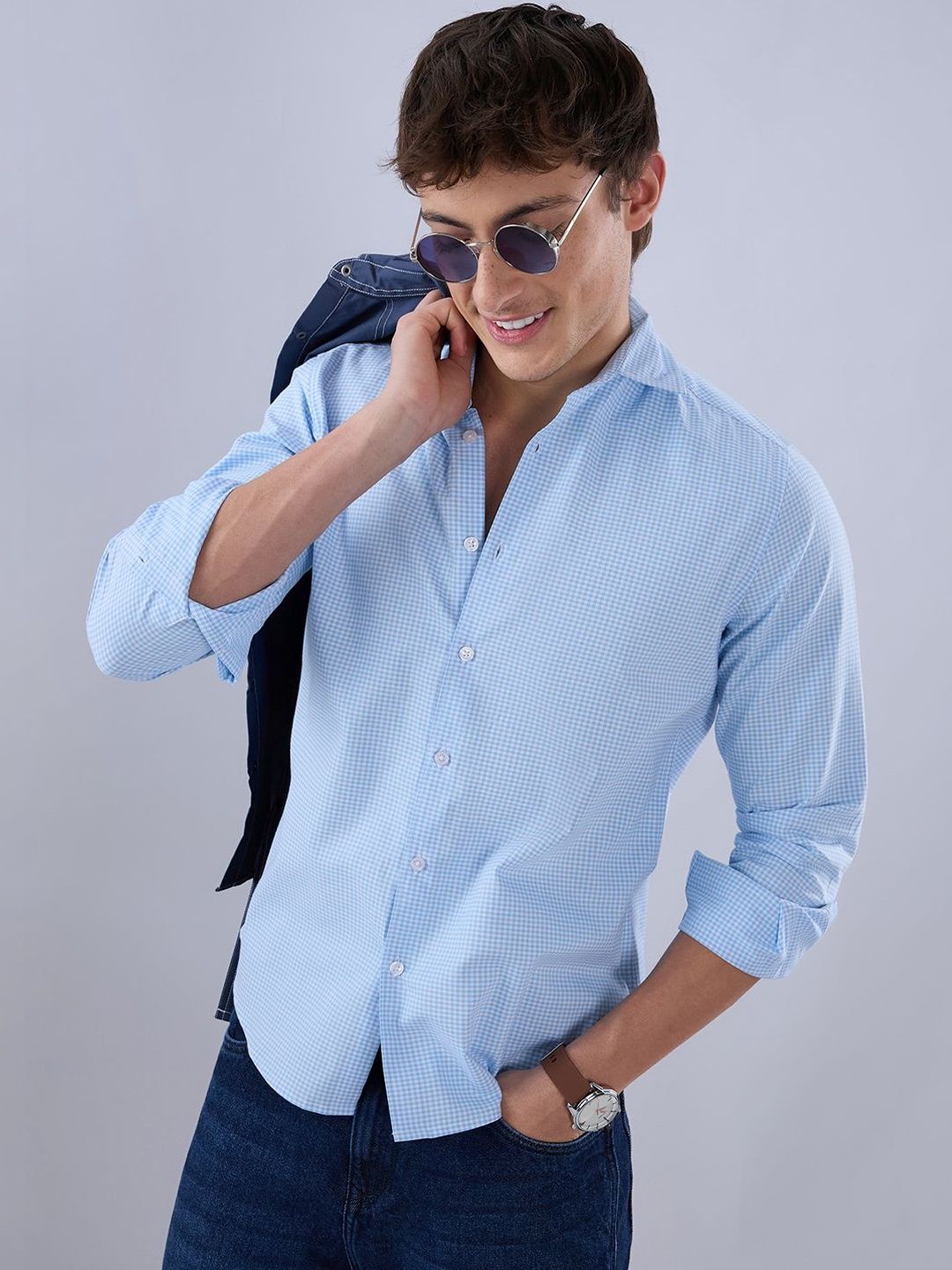 VASTRADO Sky Blue & White Tiny Checkered Shirt