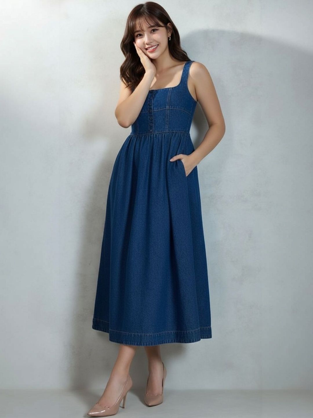 TIARA WORLD Denim Fit & Flare Midi Dress