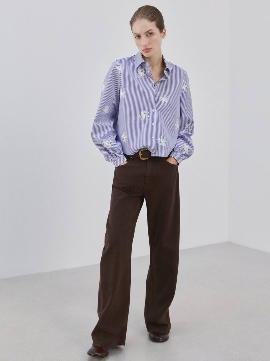 Striped Floral Embroidered Casual Shirt