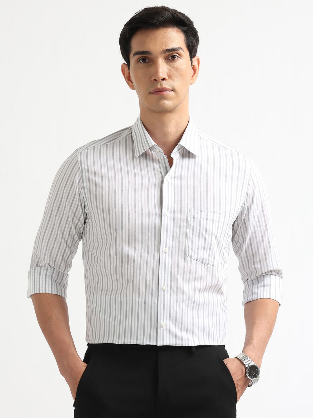 Arrow Arrow Manhattan Slim Fit Striped Pure Cotton Formal Shirt