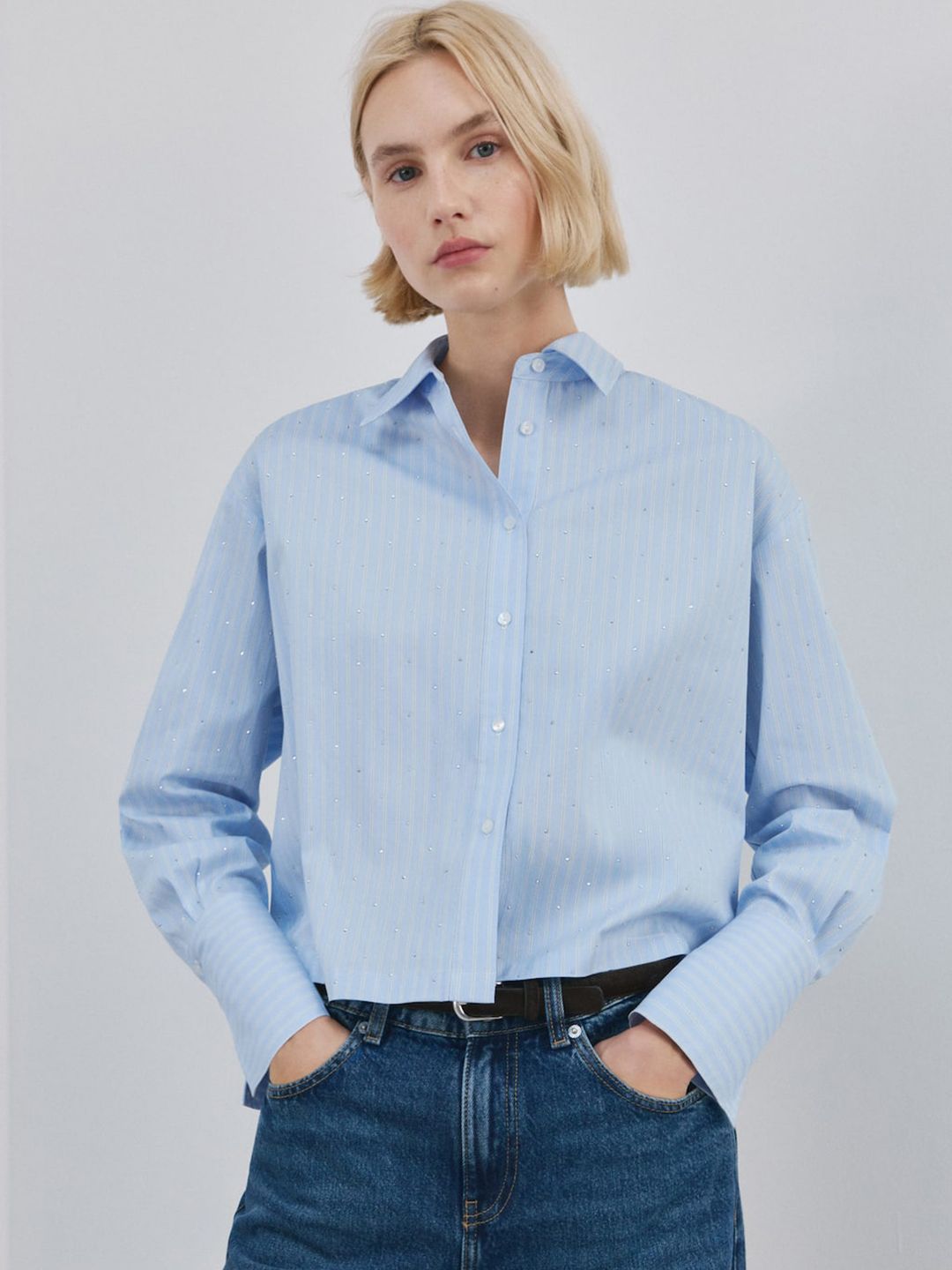 Striped Sequin Embellished Casual Shirt