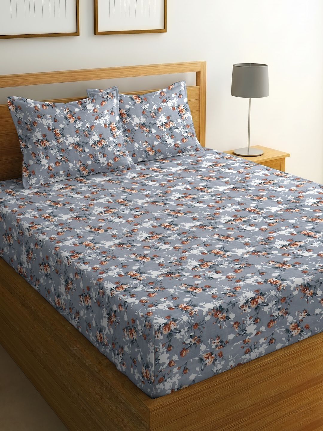 IWS IWS Grey Floral Flat Bedsheet with 2 Pillow Covers