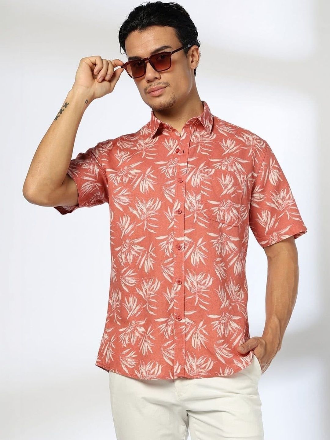 John Players Men's Cotton-Linen Botanical Printed Shirt