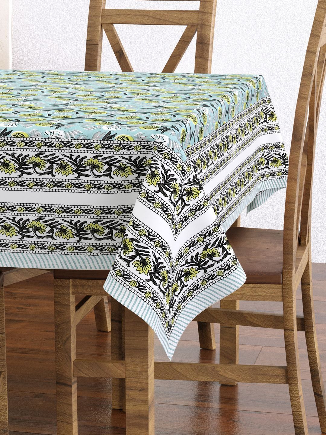 BLOCKS OF INDIA Grey Floral Cotton 6-Seater Table Cover