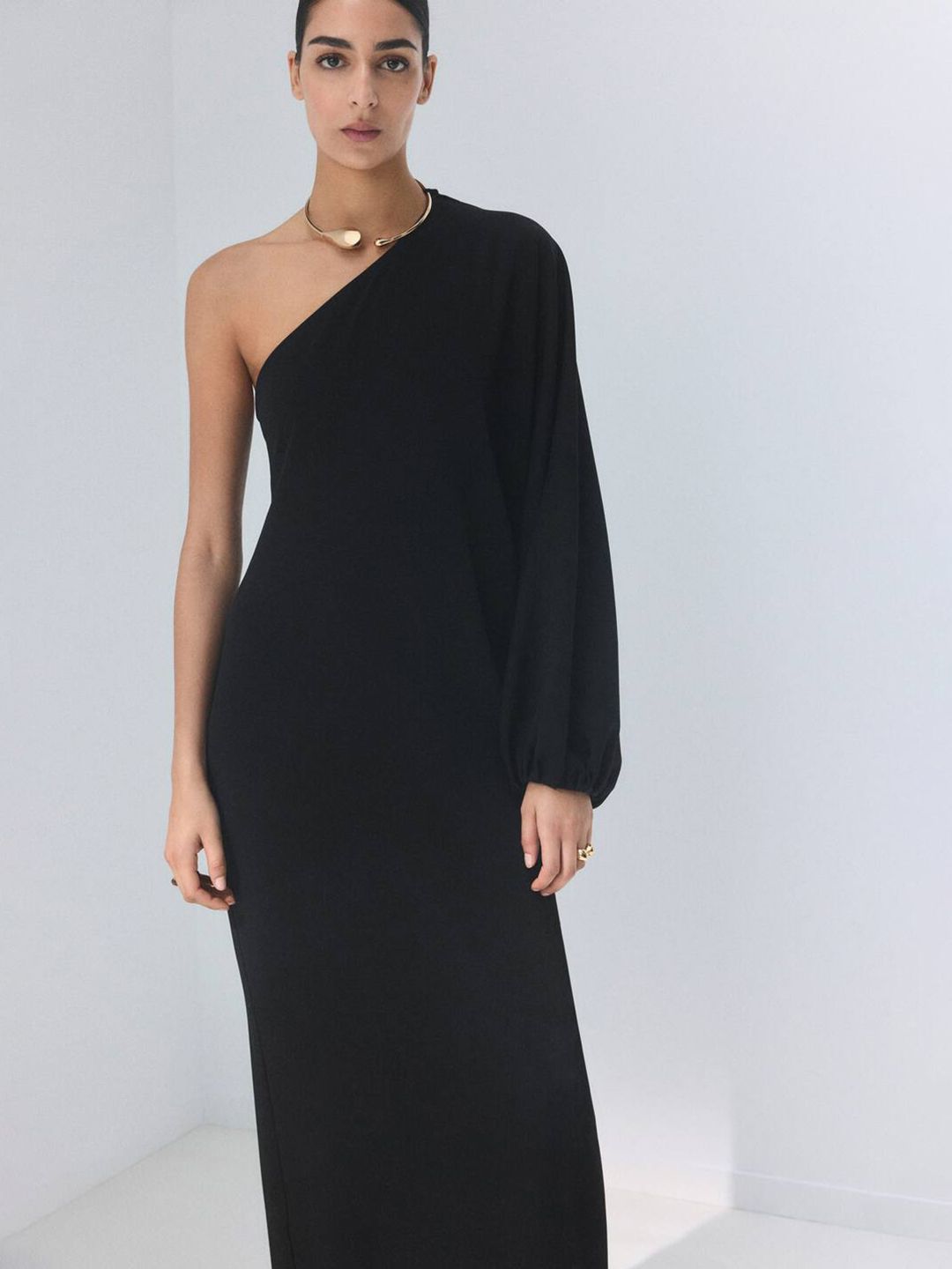 One Shoulder Puff Sleeves A-Line Maxi Dress