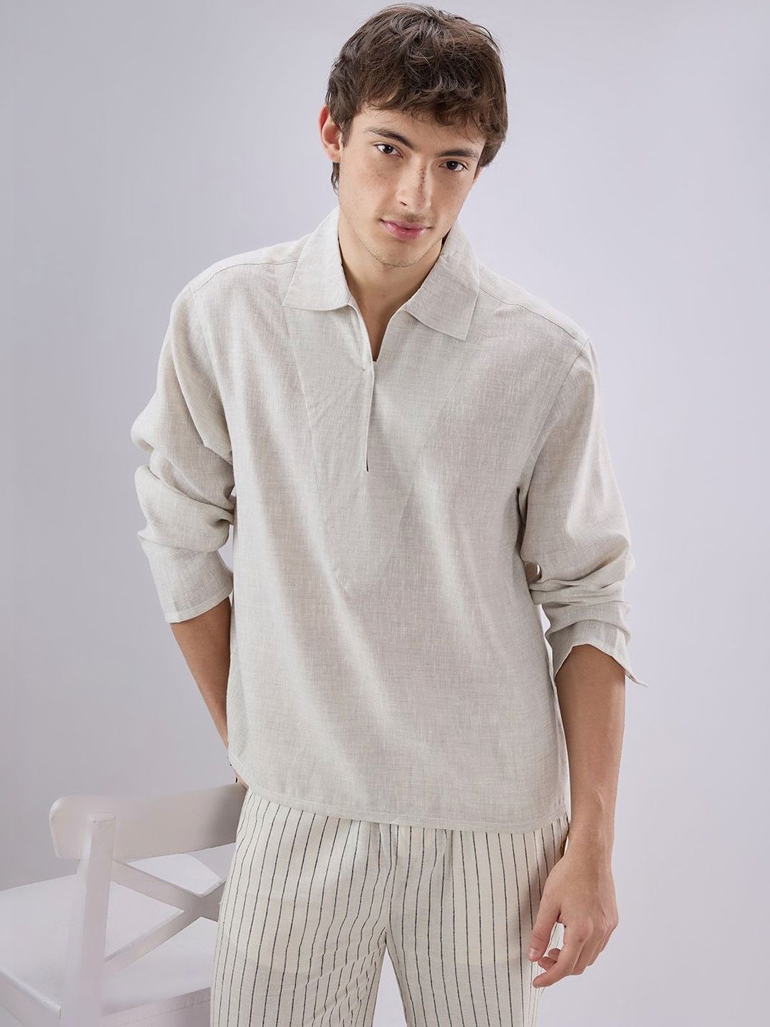 VASTRADO Greyish Green Textured Cuffless Oversized Shirt