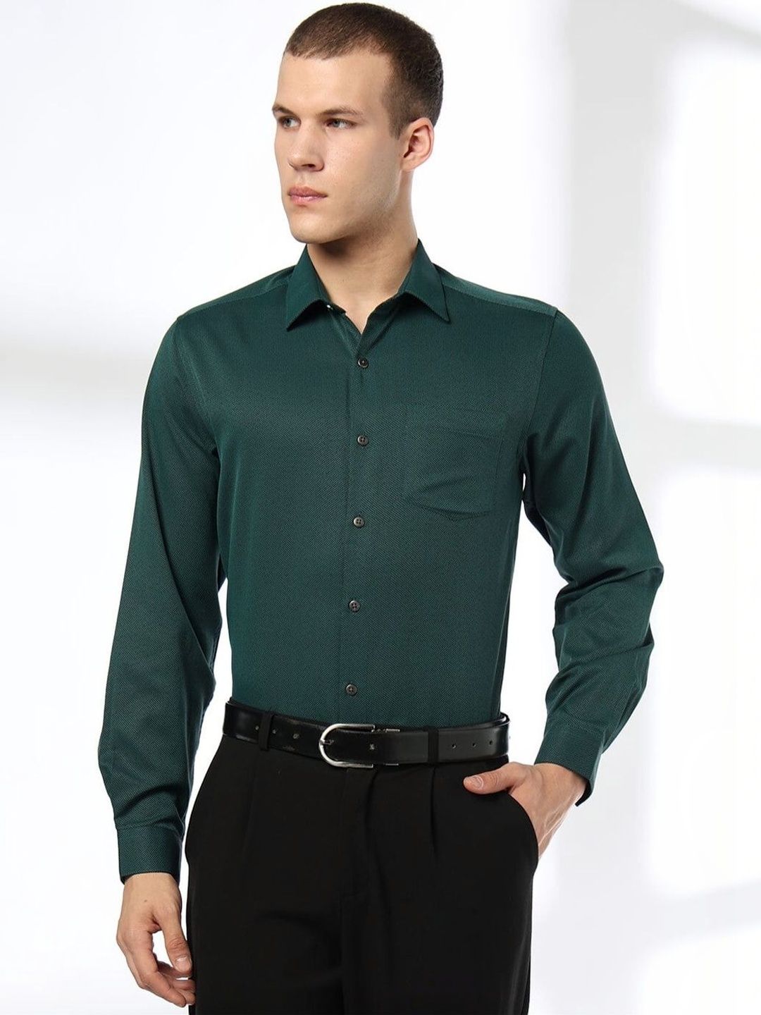 John Players Men's Self-Design Slim Fit Shirt With Patch-Pocket