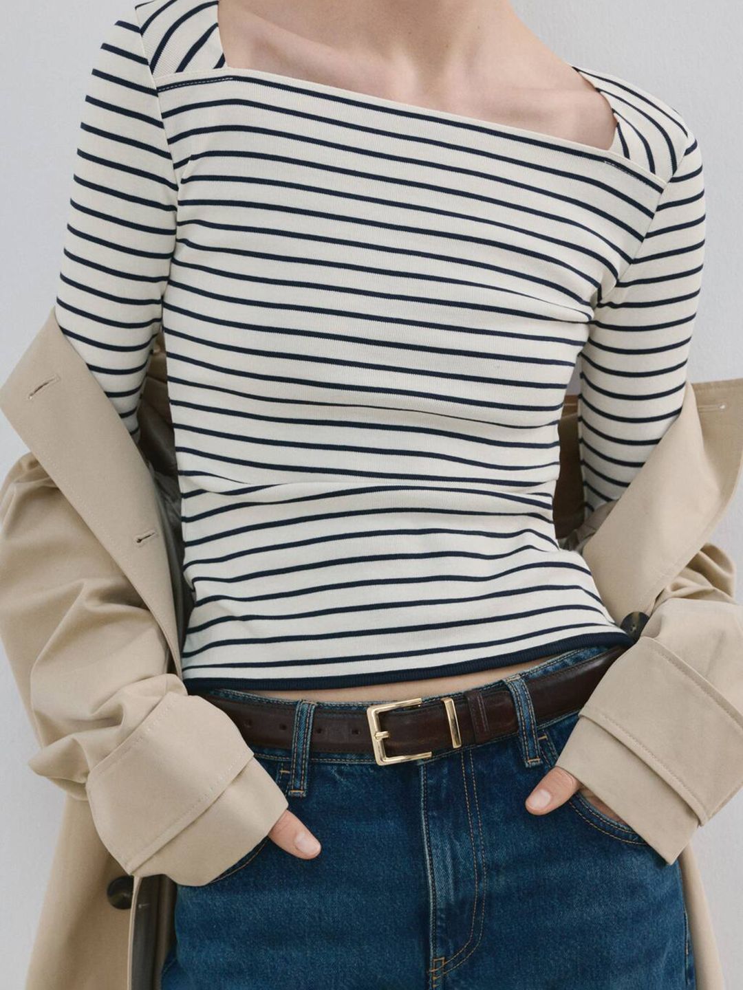 Striped Boat Neck Pure Cotton T-shirt