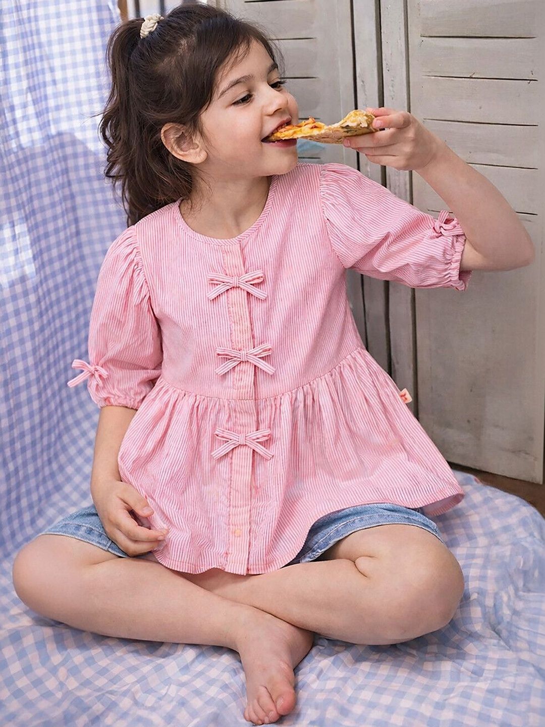 Somersault Striped Puff Sleeve Ruffles Top