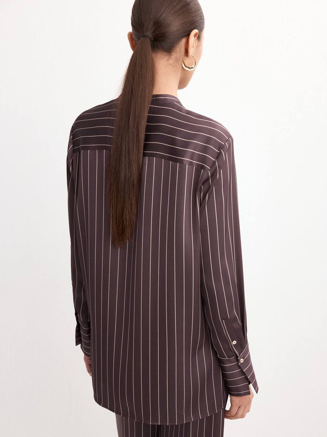 Geometric Printed Band Collar Satin Longline Casual Shirt