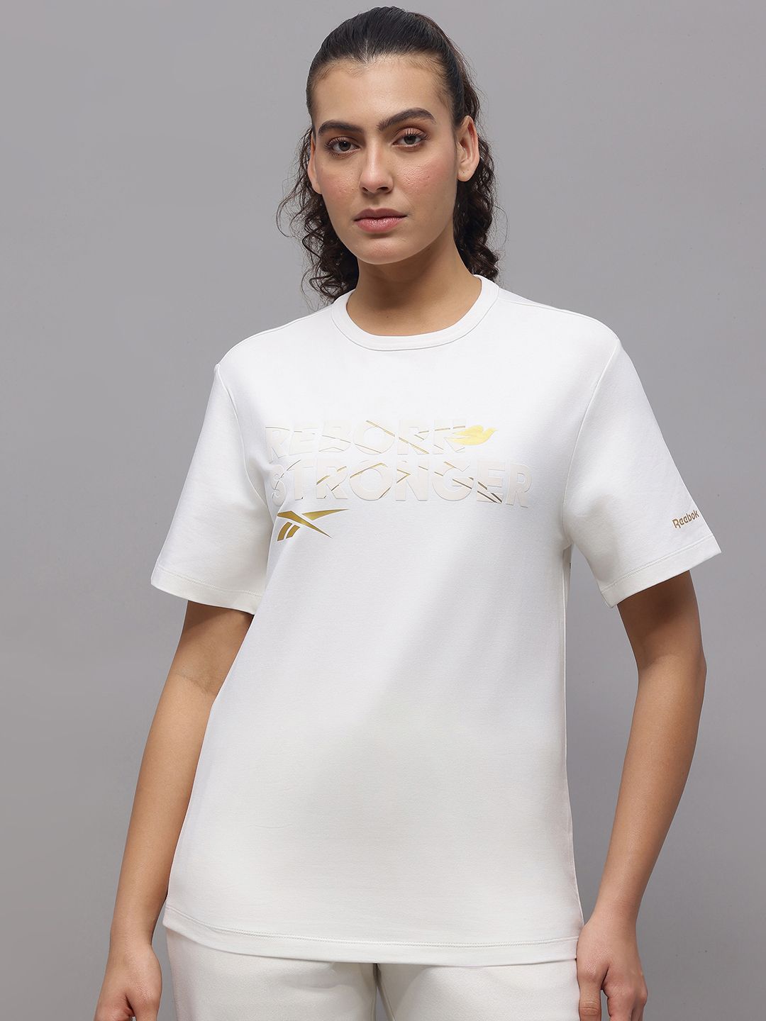 Reebok Reborn Stronger Dove Typography Printed Drop-Shoulder Sleeves Relaxed Fit T-shirt