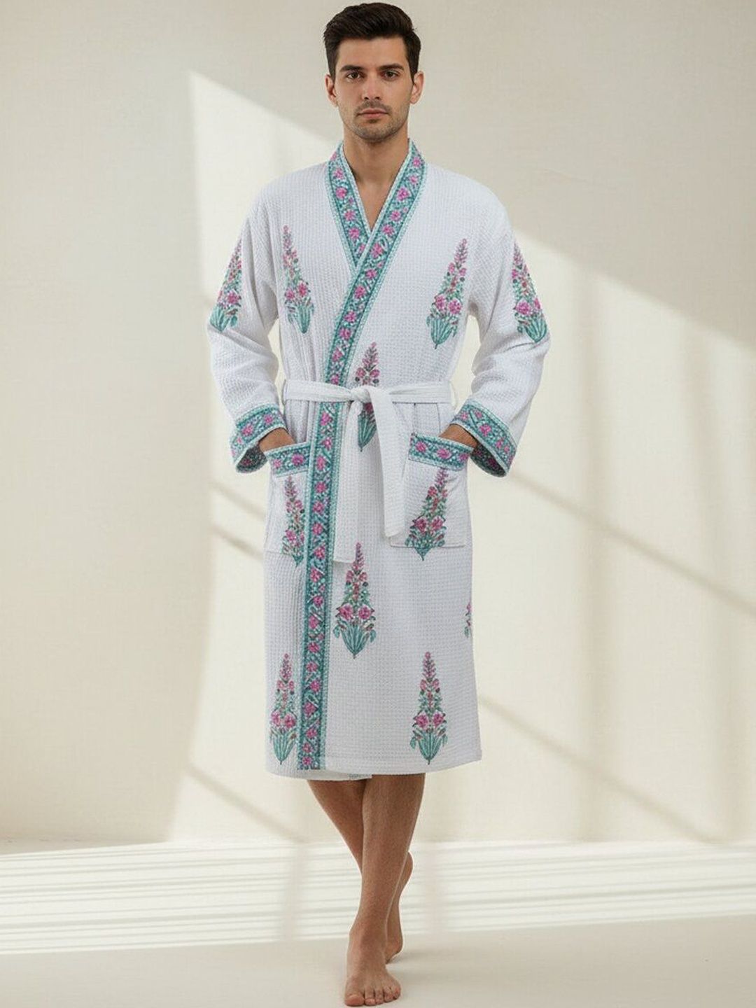 Jinaya's Men Block Printed Cotton Bath Robe & Wraps