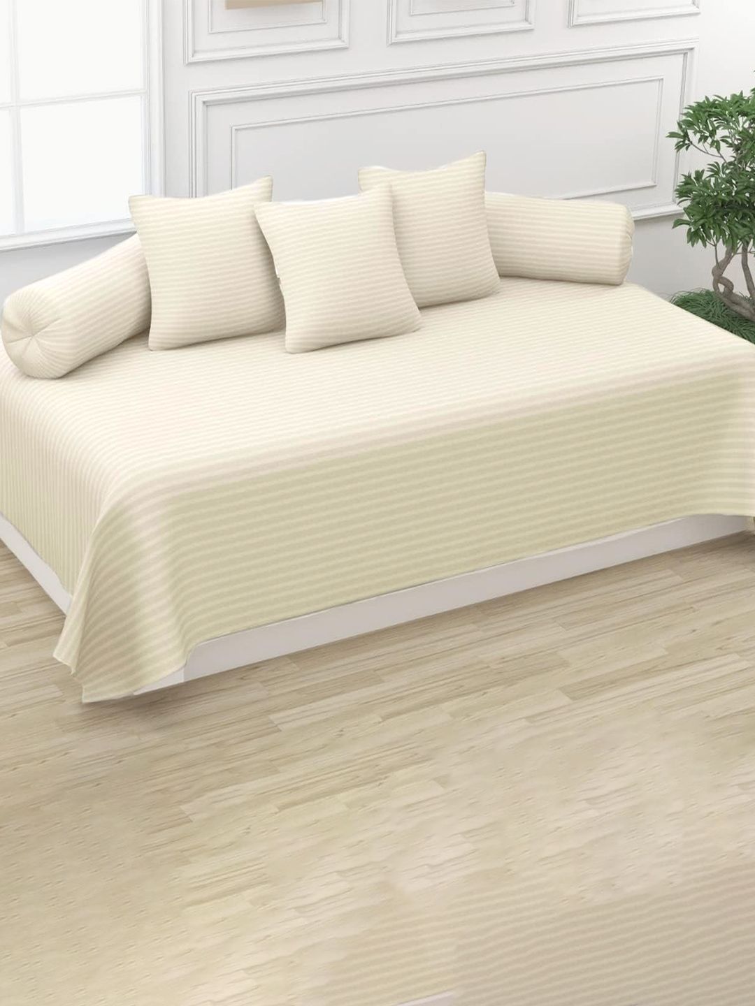 Trance Home Linen 6-Pcs Cream Colored Striped Cotton Diwan Set