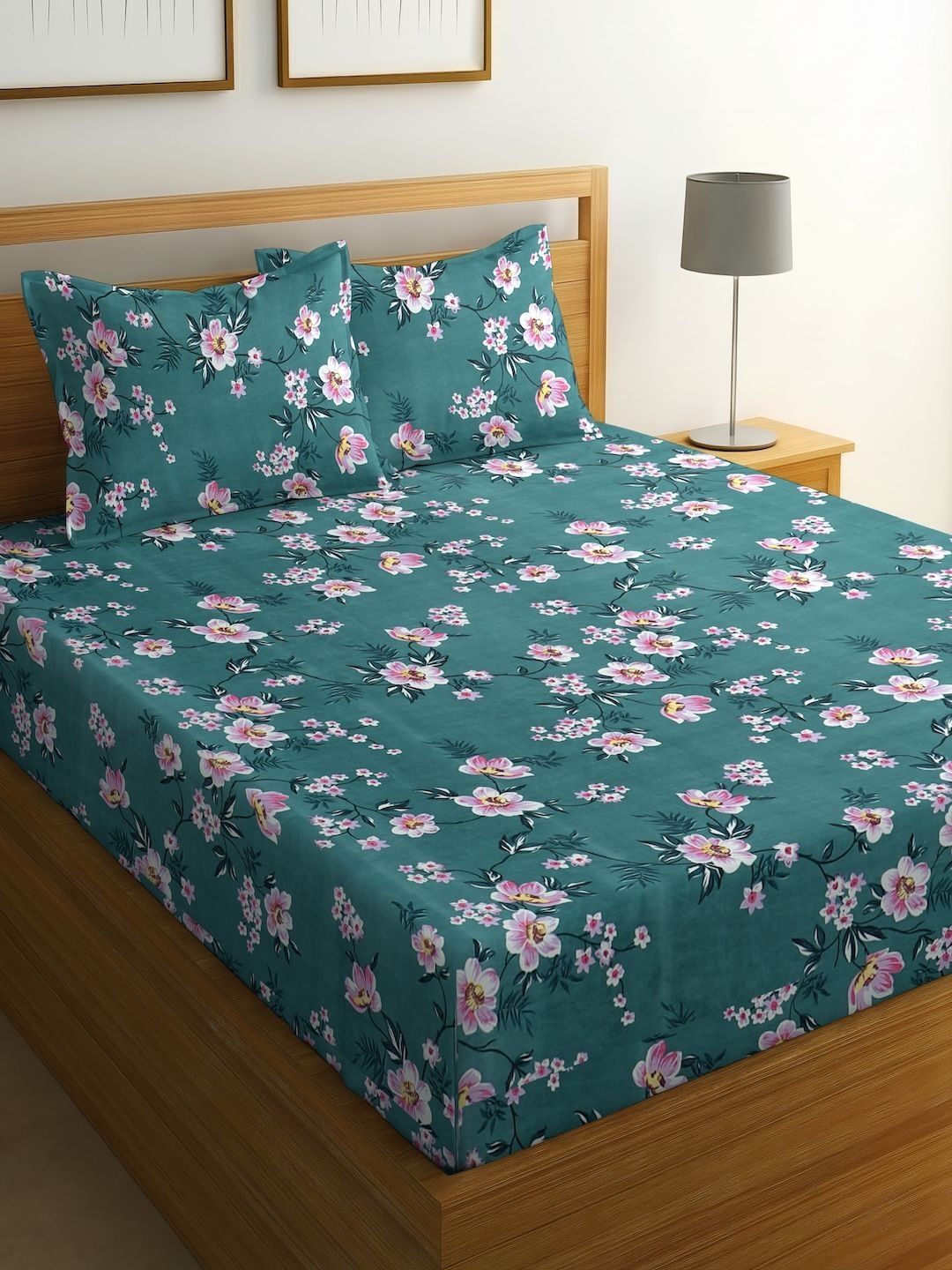 IWS IWS Teal Floral Flat Bedsheet with 2 Pillow Covers