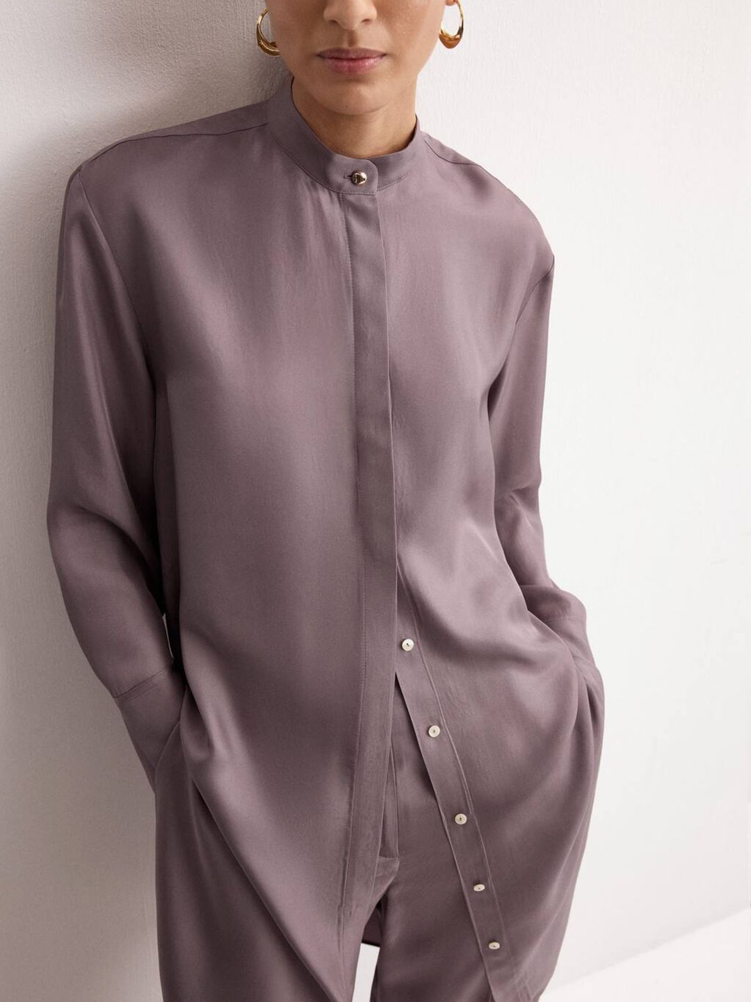 Band Collar Satin Finish Longline Casual Shirt