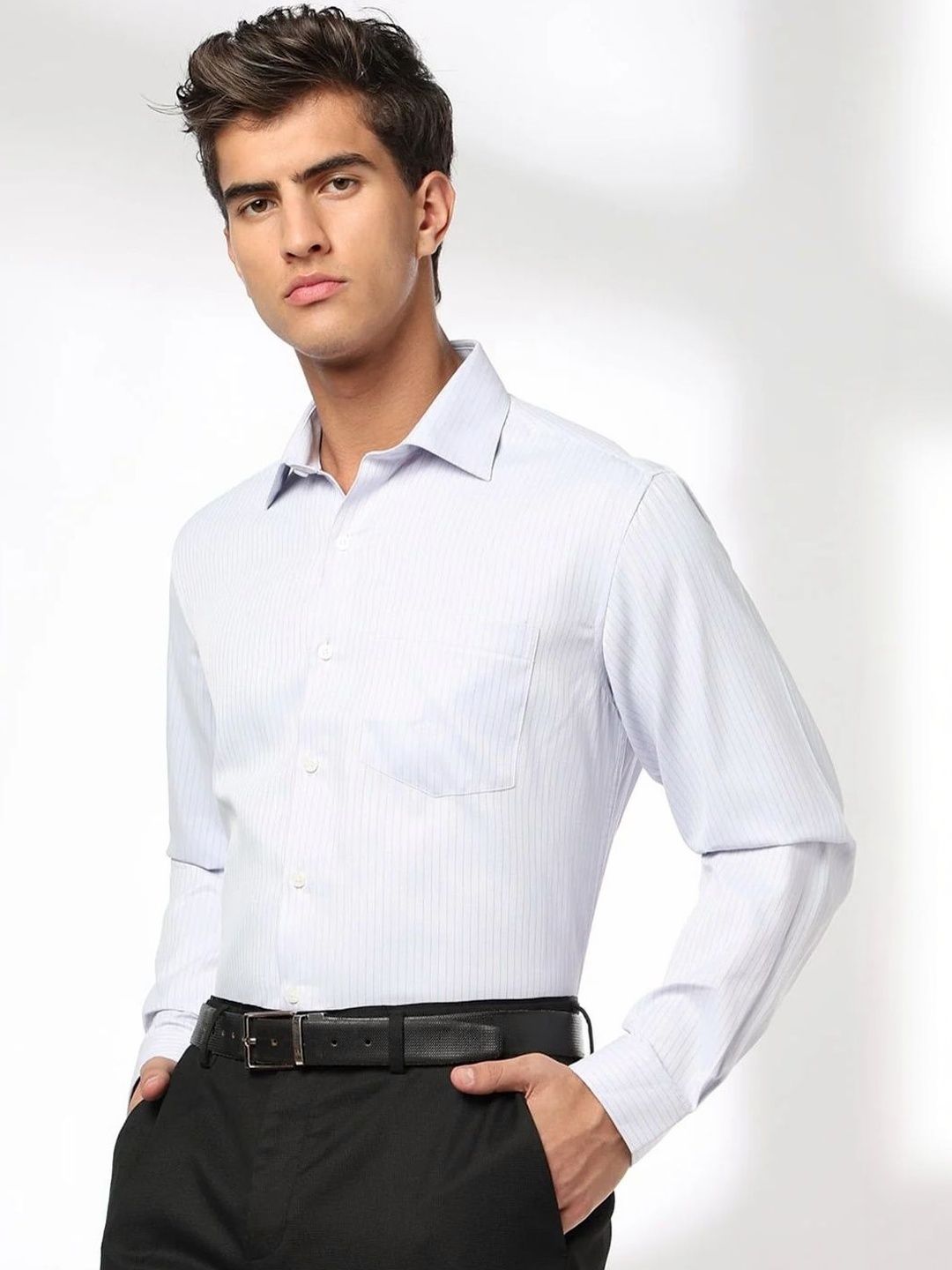 John Players Men's Vertical-Pinstripes Shirt With Patch-Pocket