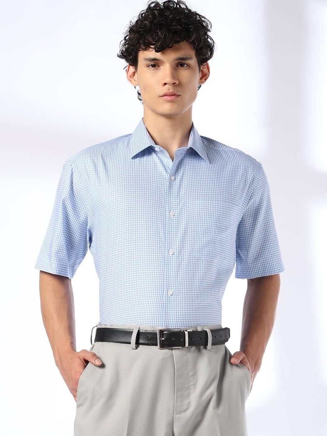 John Players Men's Pure Cotton Checked Half-Sleeves Shirt
