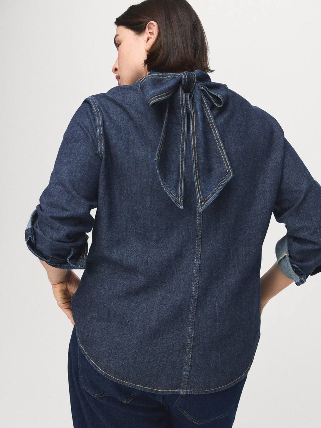 Cotton-Linen Tie-Ups Denim Shirt Style Top