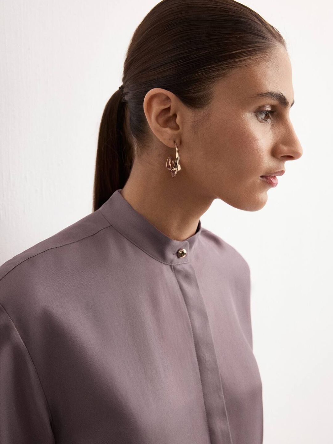 Band Collar Satin Finish Longline Casual Shirt