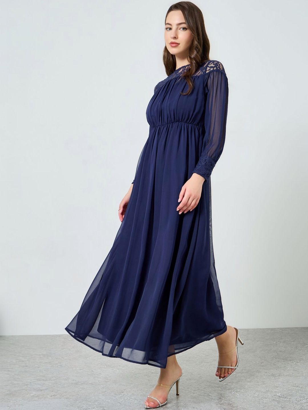 Buy Styli Women Accordion Pleated A-Line Maxi Dress with Lace