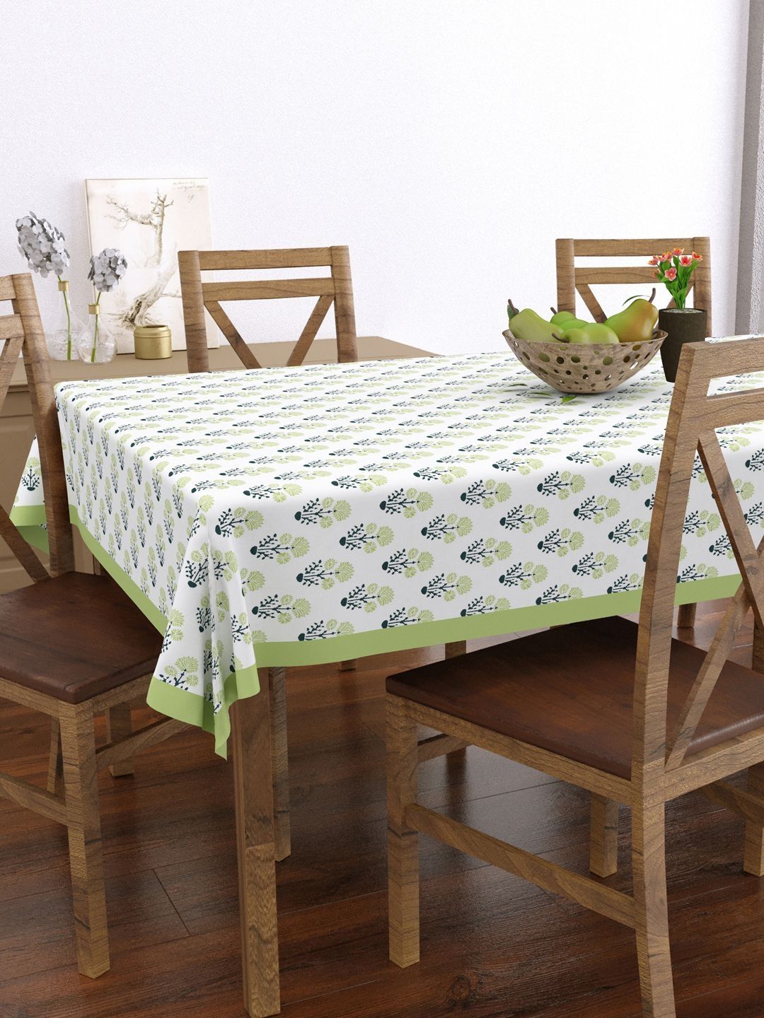 BLOCKS OF INDIA Green Floral Cotton 6-Seater Table Cover