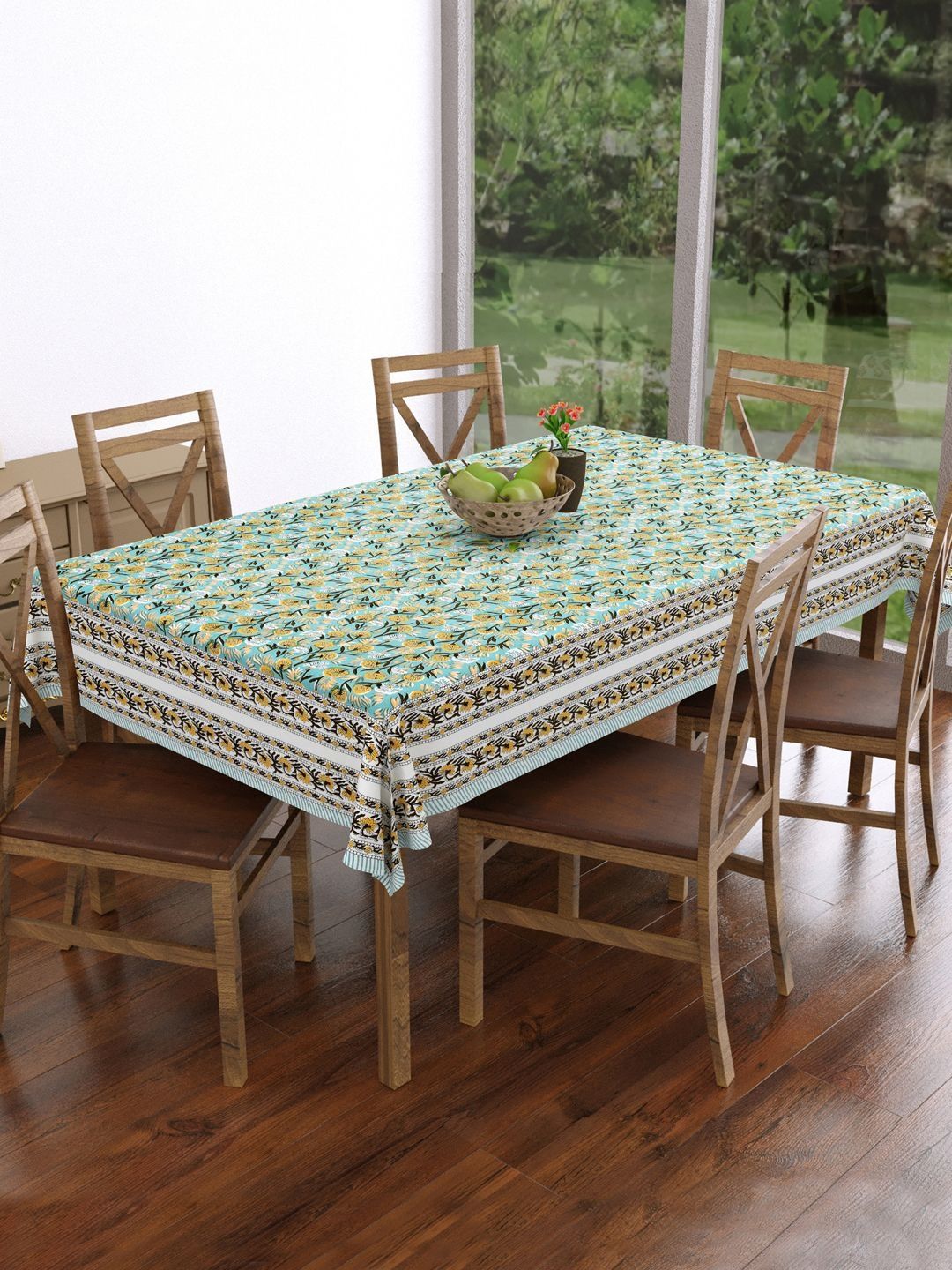 BLOCKS OF INDIA Blue Floral Cotton 6-Seater Table Cover