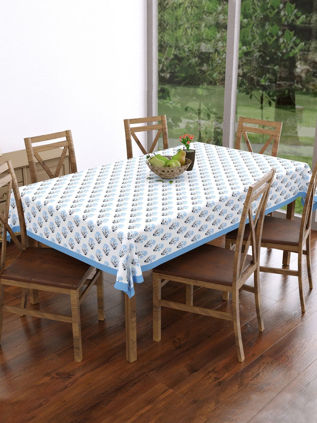 BLOCKS OF INDIA Blue Floral Cotton 6-Seater Table Cover