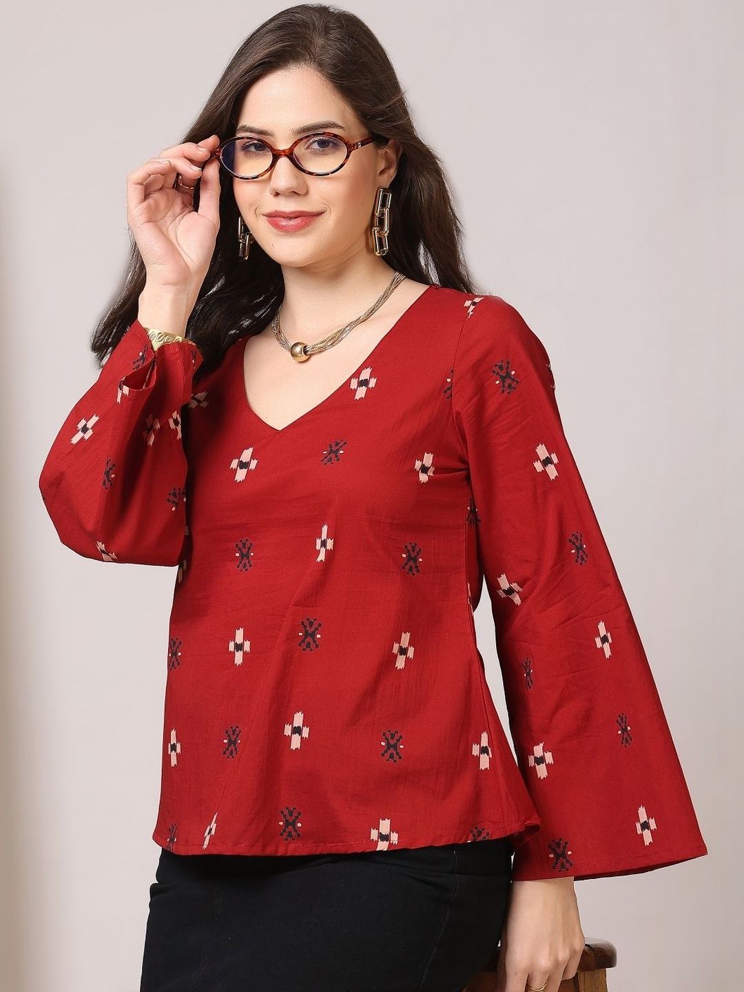 KALAMIR KALAMIR Print Bell Sleeve Ethnic Cotton Top