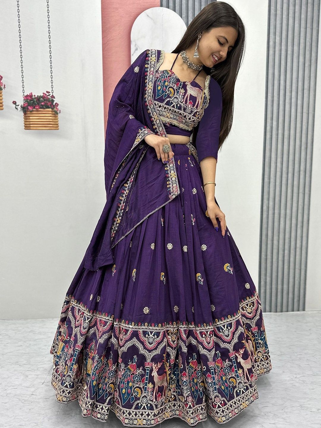 SIDDESHWARY FAB Embroidered Thread Work Semi-Stitched Lehenga & Blouse With Dupatta