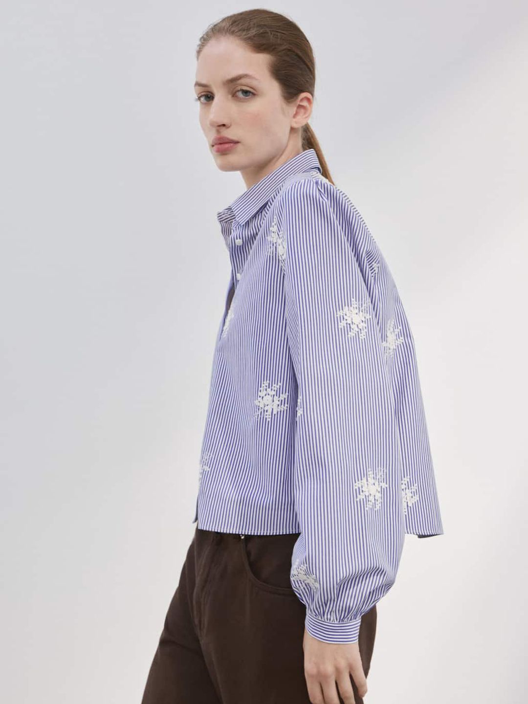 Striped Floral Embroidered Casual Shirt