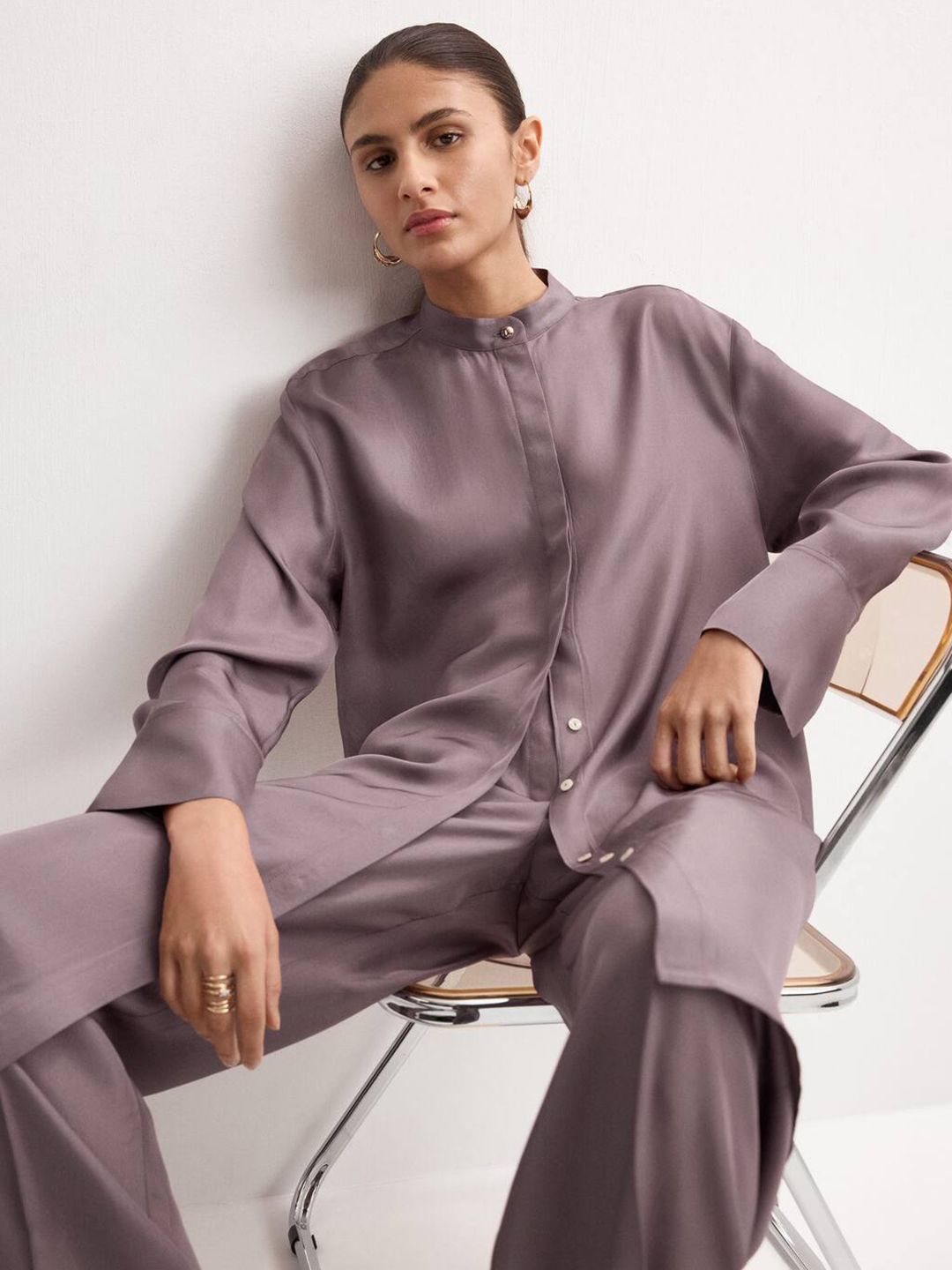 Band Collar Satin Finish Longline Casual Shirt