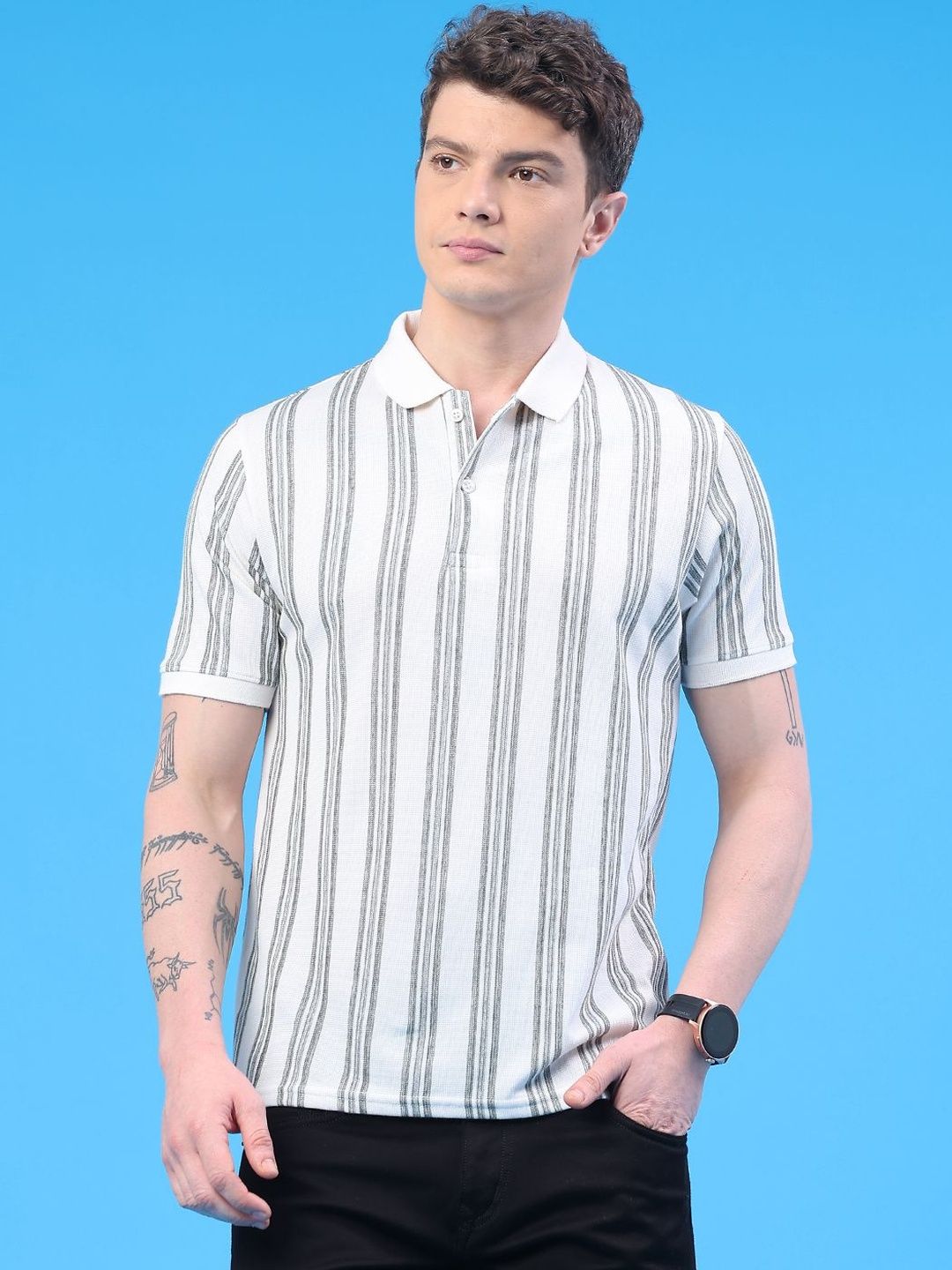 V-Mart Men Striped Polo Collar Slim Fit T-shirt