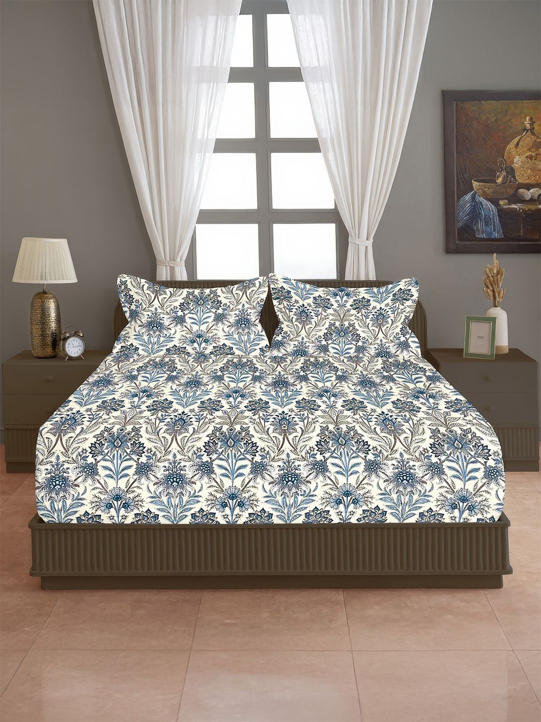 SWAYAM SWAYAM Off White Floral 200 TC Queen Bedsheet with 2 Pillow Covers