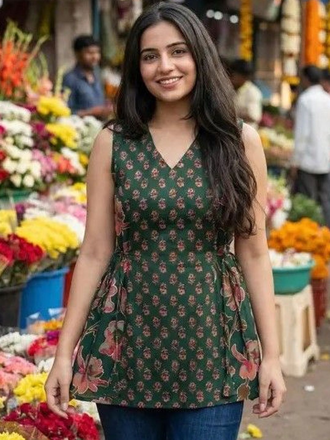 SAICHA Botanical Printed V-Neck Pure Cotton Blend Kurti