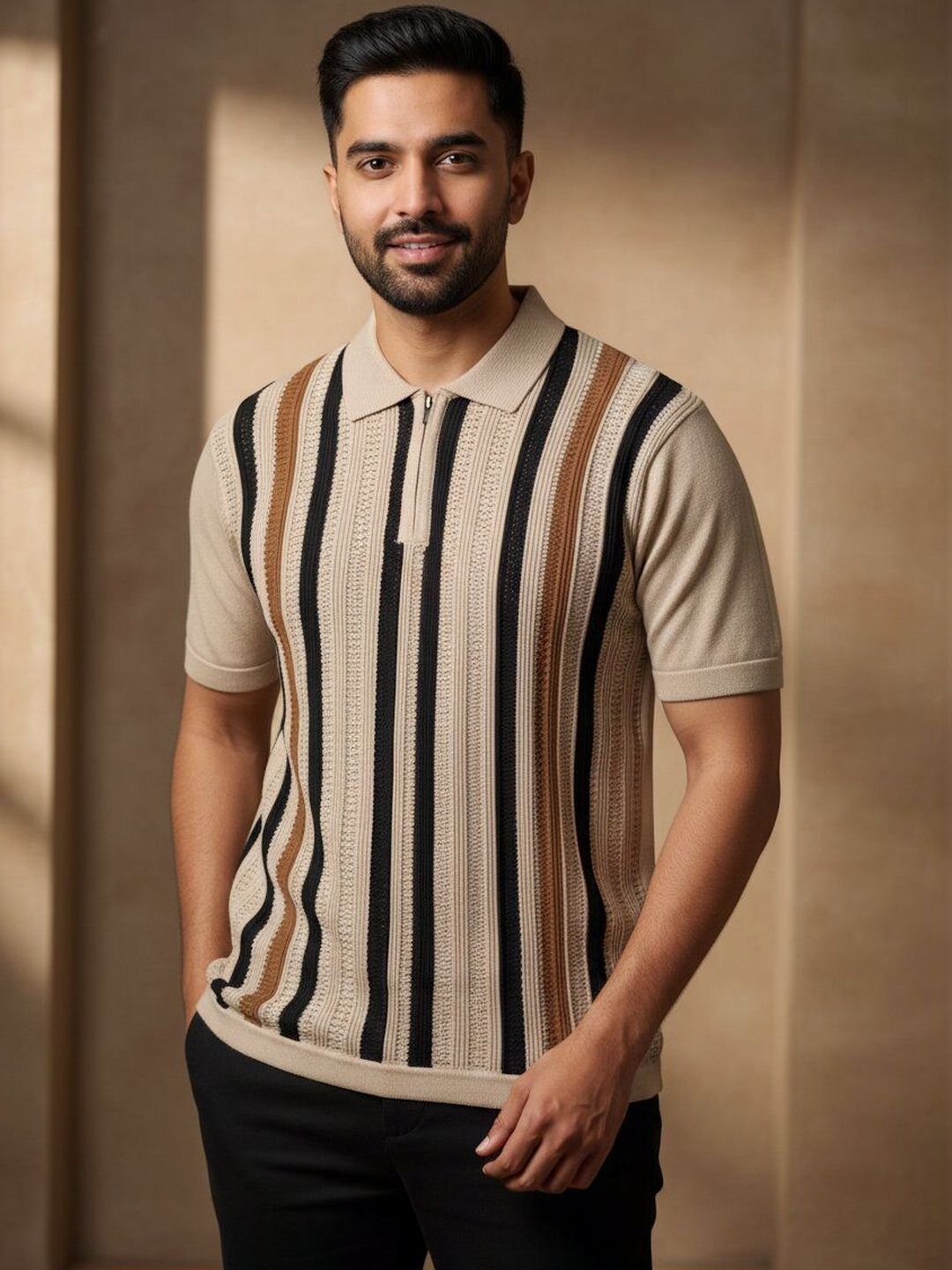 The Roadster Lifestyle Co Striped Pure Cotton Polo Collar Tshirt