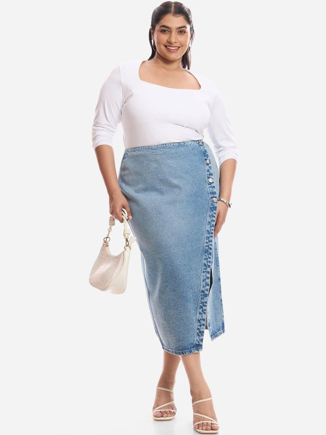 Denim Midi Plus Size Skirt Virgio Women Cotton Utility or Military Inspired Front Slit Midi Wrap Plus Size Skirt