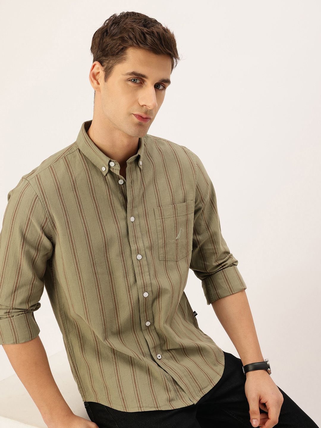 Nautica Cotton Linen Striped Slim Fit Casual Shirt