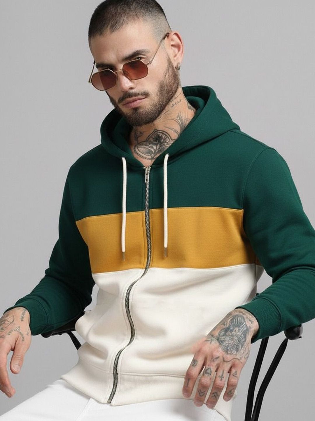 R.Code by The Roadster Life Co. Men Colourblocked Hooded Pockets T-shirt